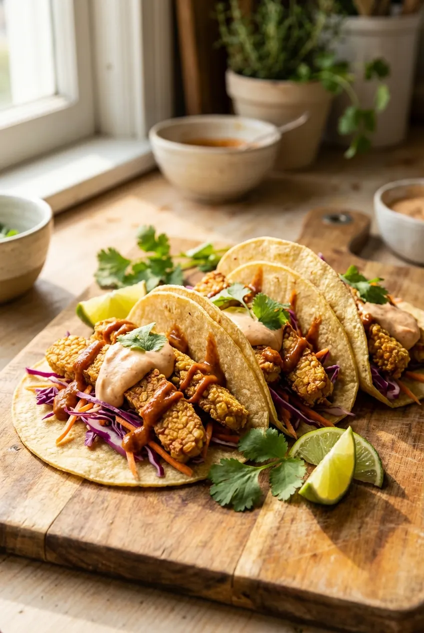 Crispy Tempeh Tacos with Chipotle-Peanut Salsa